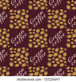 Green coffee bean seamless pattern background. Illustration with text.