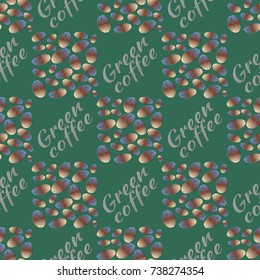 Green coffee bean seamless pattern background. Illustration with text.