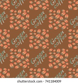 Green coffee bean seamless pattern background. Illustration with text.