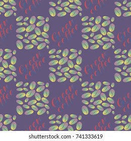Green coffee bean seamless pattern background. Illustration with text.