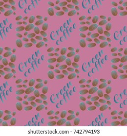 Green coffee bean seamless pattern background. Illustration with text.