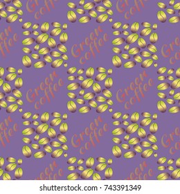 Green coffee bean seamless pattern background. Illustration with text.
