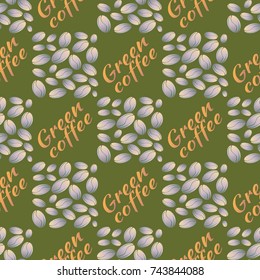 Green coffee bean seamless pattern background. Illustration with text.