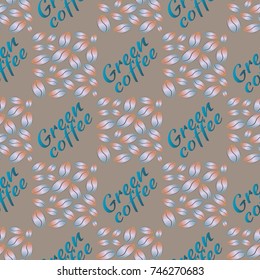 Green coffee bean seamless pattern background. Illustration with text.
