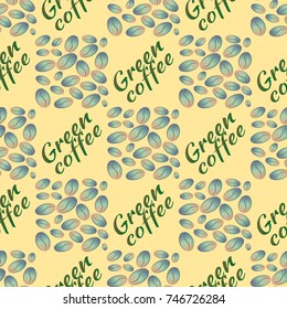 Green coffee bean seamless pattern background. Illustration with text.
