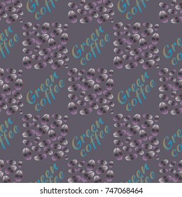 Green coffee bean seamless pattern background. Illustration with text.