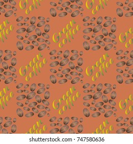 Green coffee bean seamless pattern background. Illustration with text.