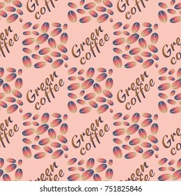 Green coffee bean seamless pattern background. Illustration with text.