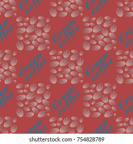 Green coffee bean seamless pattern background. Illustration with text.