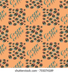 Green coffee bean seamless pattern background. Illustration with text.