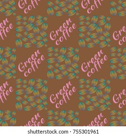 Green coffee bean seamless pattern background. Illustration with text.
