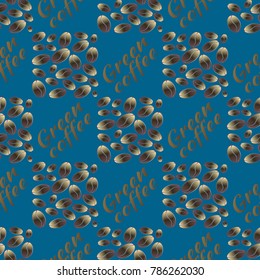 Green coffee bean seamless pattern background. Illustration with text.