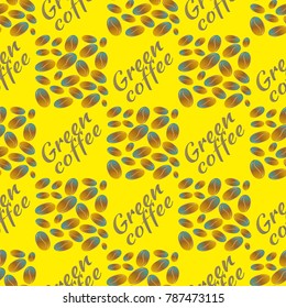Green coffee bean seamless pattern background. Illustration with text.