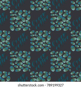 Green coffee bean seamless pattern background. Illustration with text.