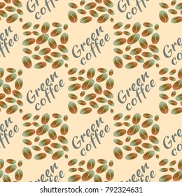 Green coffee bean seamless pattern background. Illustration with text.