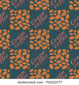 Green coffee bean seamless pattern background. Illustration with text.