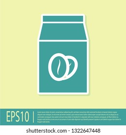 Green Coffee beans in bag icon isolated on yellow background. Flat design. Vector Illustration