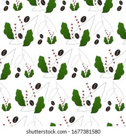 Grüne Kaffeebohnen und Laubmuster. Kann für die Verpackung Design oder Textilien verwendet werden. Vektorillustration einzeln auf weißem Hintergrund.