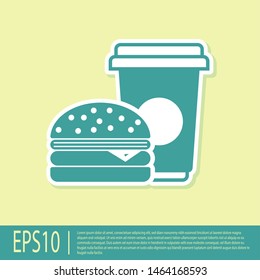 Green Coffee and burger icon isolated on yellow background. Fast food symbol. Vector Illustration