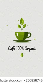 Uma xícara de café verde está no centro da imagem, com um broto emergindo dela, simbolizando elementos naturais e orgânicos.