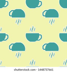 Green Coffee cup flat icon isolated seamless pattern on yellow background. Tea cup. Hot drink coffee.  Vector Illustration
