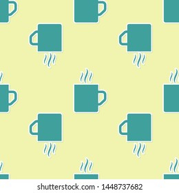 Green Coffee cup flat icon isolated seamless pattern on yellow background. Tea cup. Hot drink coffee.  Vector Illustration