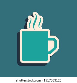 Green Coffee cup flat icon isolated on blue background. Tea cup. Hot drink coffee. Long shadow style. Vector Illustration
