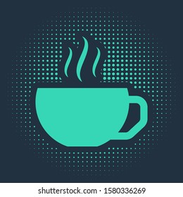 Green Coffee cup flat icon isolated on blue background. Tea cup. Hot drink coffee. Abstract circle random dots. Vector Illustration