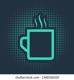 Green Coffee cup flat icon isolated on blue background. Tea cup. Hot drink coffee. Abstract circle random dots. Vector Illustration