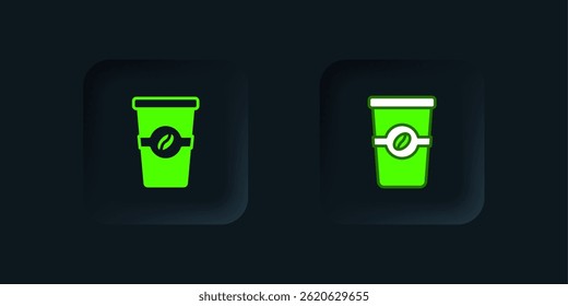 Green Coffee cup to go icon isolated on black background. Black square button. Vector