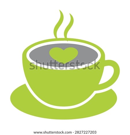 A green coffee cup with a heart design on top sits steaming hot on a saucer alone