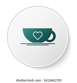 Green Coffee cup and heart icon isolated on white background. Couple coffee for lovers on Valentines Day. White circle button. Vector Illustration