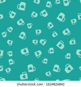 Green Coffee cup and heart icon isolated seamless pattern on green background. Couple coffee for lovers on Valentines Day.  Vector Illustration
