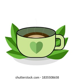 Green coffee cup with heart shape in the middle and leaves besi'de