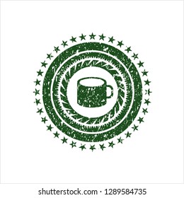 Green coffee cup icon inside distressed with rubber seal texture
