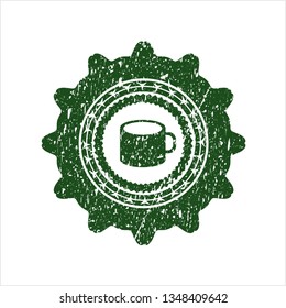 Green coffee cup icon inside distress rubber grunge texture seal