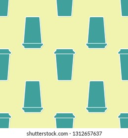 Green Coffee cup icon isolated seamless pattern on yellow background. Disposable coffee cup with hot coffee. Flat design. Vector Illustration