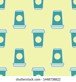 Green Coffee cup icon isolated seamless pattern on yellow background. Disposable coffee cup with hot coffee. Vector Illustration