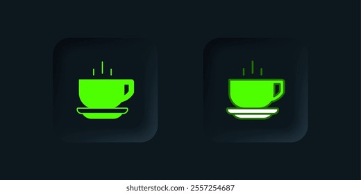 Green Coffee cup icon isolated on black background. Tea cup. Hot drink coffee. Black square button. Vector