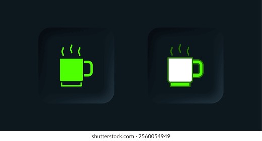 Green Coffee cup icon isolated on black background. Tea cup. Hot drink coffee. Black square button. Vector