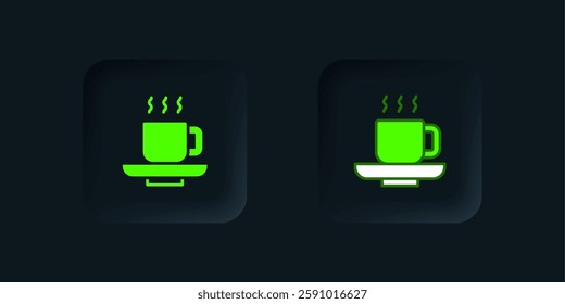 Green Coffee cup icon isolated on black background. Tea cup. Hot drink coffee. Black square button. Vector