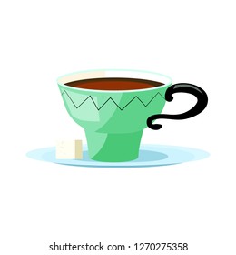 Green coffee cup illustration. Sugar, mug, black pattern, saucer. Vector illustration can be used for topics like cafe, cooking, drinking, kitchen