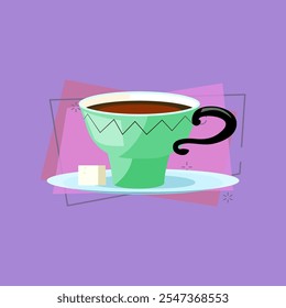 Green coffee cup illustration. Sugar, mug, pattern, saucer. Vector illustration can be used for topics like cafe, cooking, drinking, kitchen