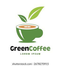 Eine grüne Kaffeetasse Logo das Blatt, minimalen Stil und modernes Konzept