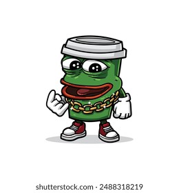 a green coffee cup mascot with a hyped, friendly expression, adorned with a gold chain, white gloves, and red sneakers, exuding a cool and energetic vibe