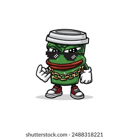 a green coffee cup mascot with a hyped, slightly furious expression, adorned with a gold chain, white gloves, and red sneakers, exuding a cool and energetic vibe