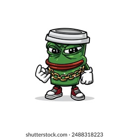 a green coffee cup mascot with a hyped, slightly furious expression, wearing a gold chain, white gloves, and red sneakers