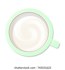 Green coffee cup top view with milk froth isolated on white background.Cappuccino foam