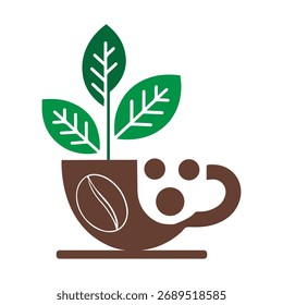  Taza de café verde Arte vectorial de una taza de café marrón estilizada con un brote verde que crece a partir de ella, con un grano de café en el lado y tres círculos marrones