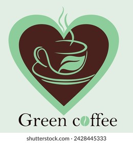 Green coffee - logo for a cafe. Cup with a green leaf in the heart. Vector.